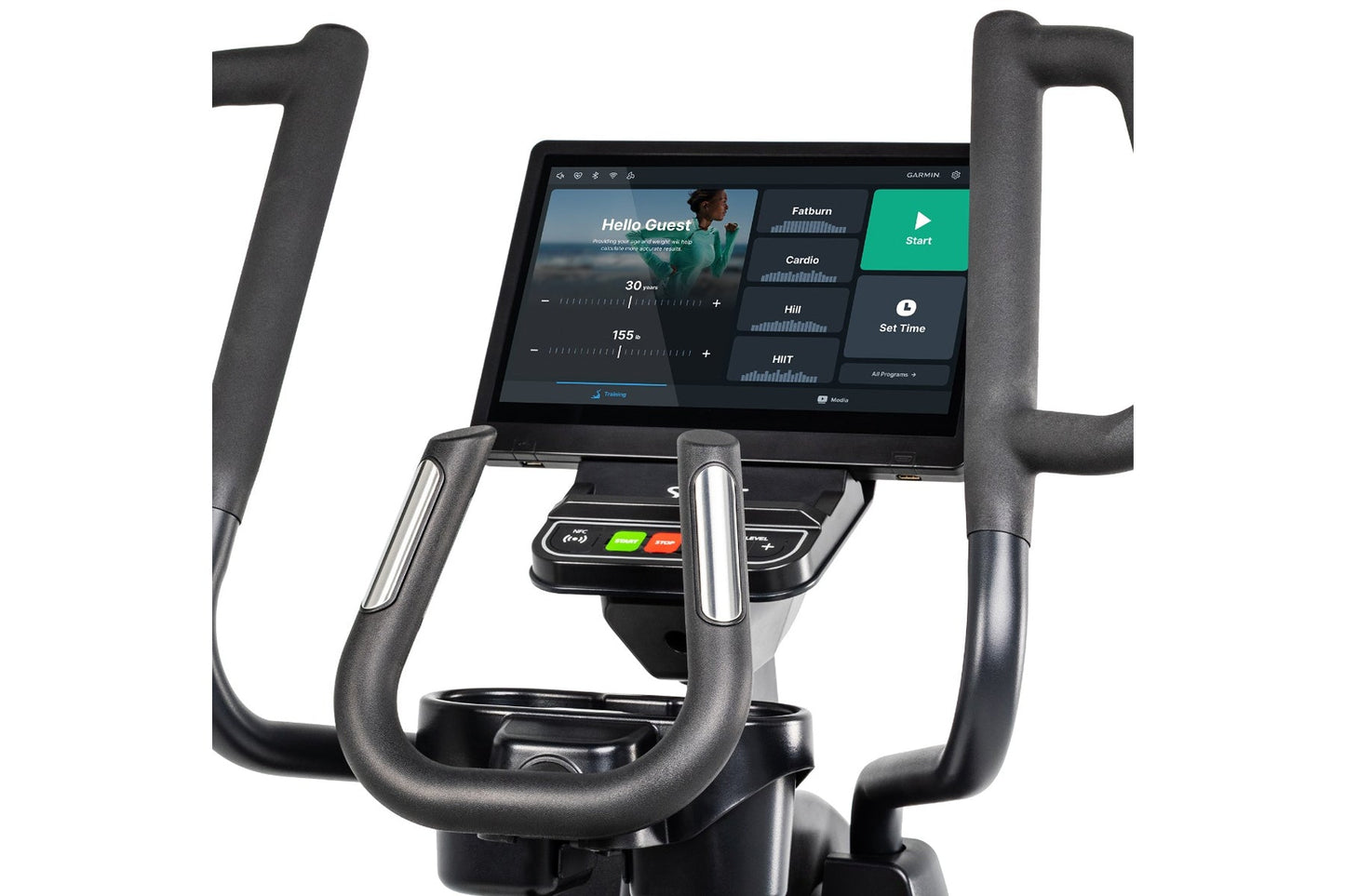 Garmin Spirit CE1000ENT stationary bike with black padded handlebars, touchscreen display showing workout metrics, and contro