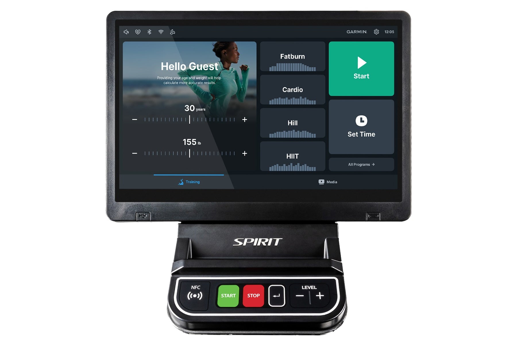 Spirit CE1000ENT Elliptical with touchscreen display showing Garmin fitness app interface and control console with green Star