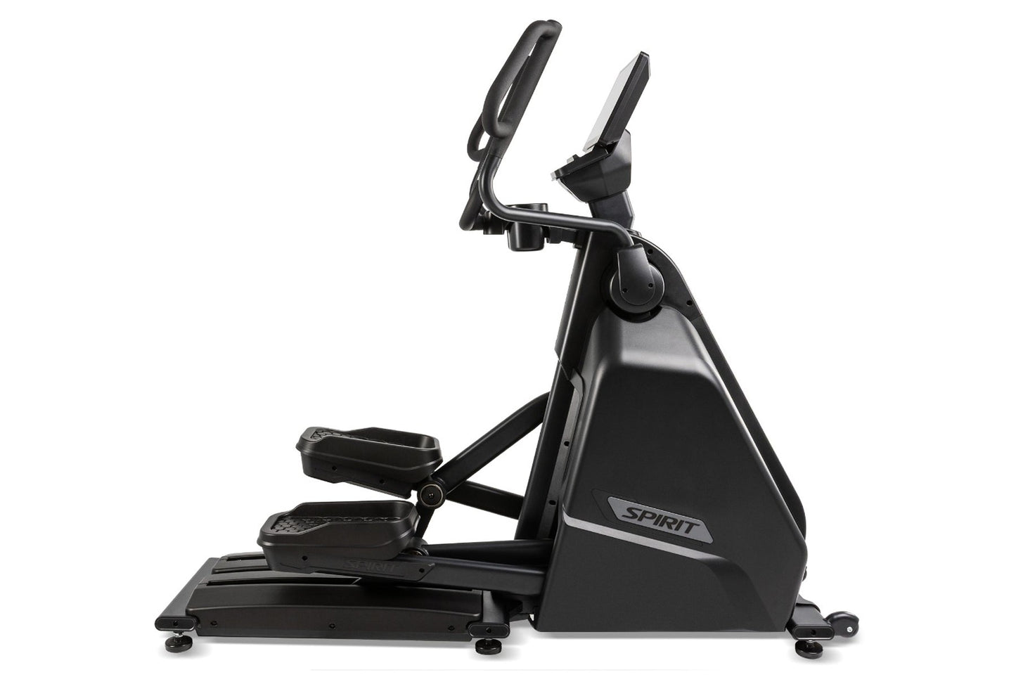 Black Spirit elliptical machine with dual handles, foot pedals, and digital console on white background
