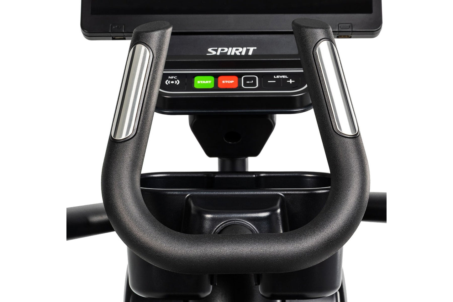 Spirit CE1000ENT elliptical machine with black frame, padded handlebars with chrome accents, and digital console with green S