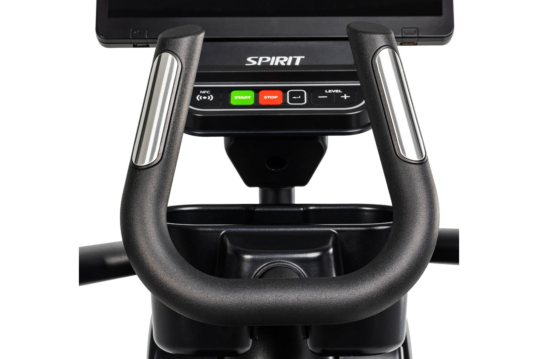 Spirit CE1000ENT elliptical machine with black frame, padded handlebars with chrome accents, and digital console with green S