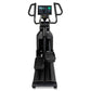 Black elliptical machine with dual handles, digital display console showing fitness metrics, textured foot pedals, and rollin