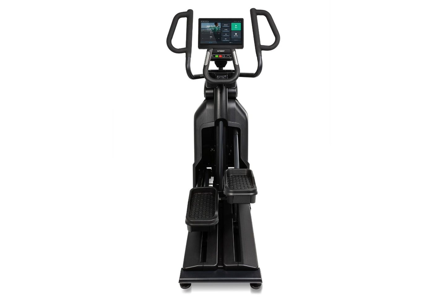 Black elliptical machine with dual handles, digital display console showing fitness metrics, textured foot pedals, and rollin