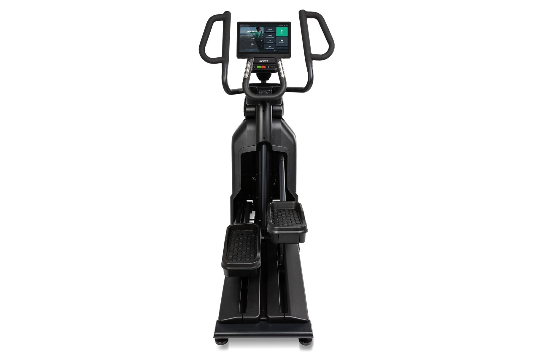Black elliptical machine with dual handles, digital display console showing fitness metrics, textured foot pedals, and rollin