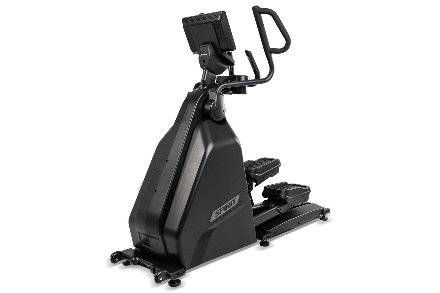 Spirit CE1000ENT black elliptical machine with dual handles and digital display on white background