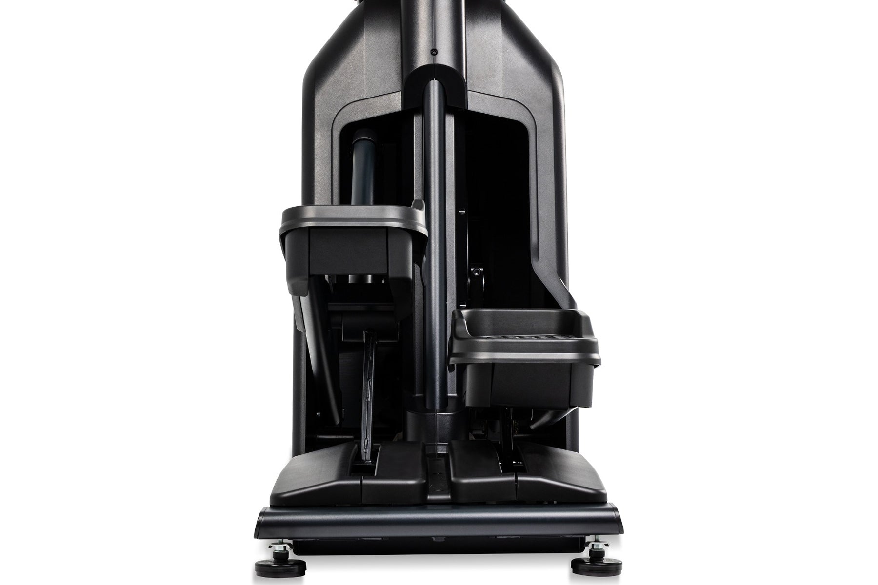 Black upright elliptical machine with digital display and dual handles, front view on white background