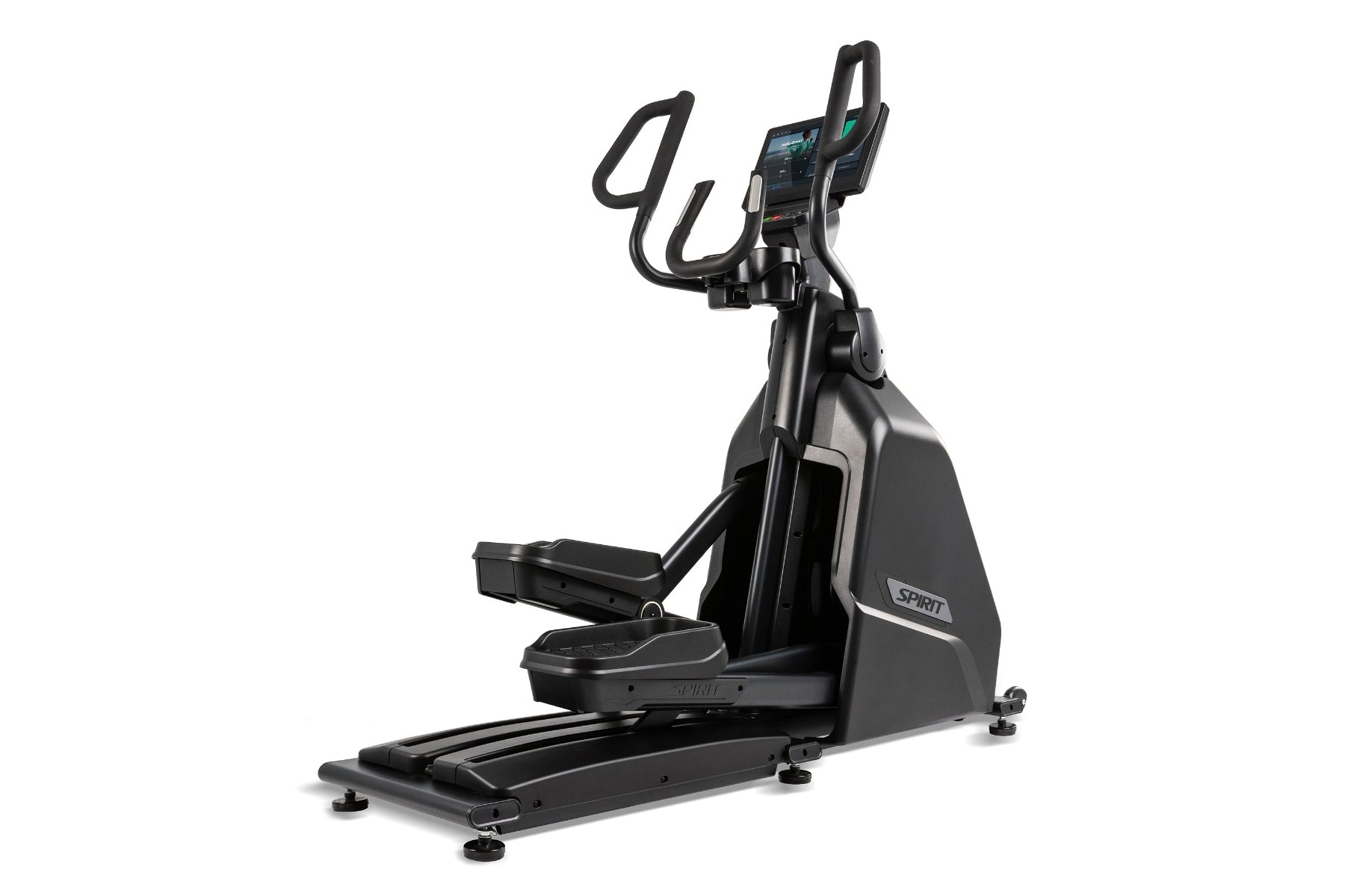Black Spirit elliptical machine with digital display console, curved handlebars, and foot pedals on white background