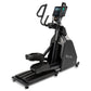 Black Spirit elliptical machine with digital display console, curved handlebars, and wide footplate on white background