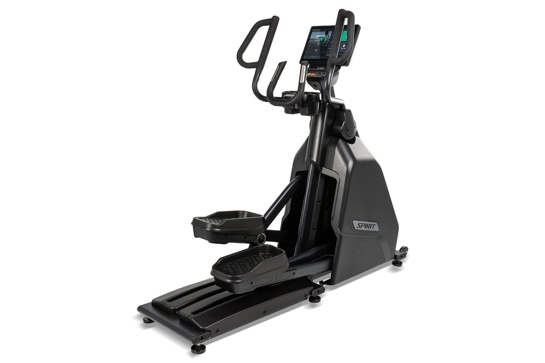 Black Spirit elliptical machine with digital display console, curved handlebars, and wide footplate on white background