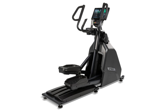 Black Spirit elliptical machine with digital display console, curved handlebars, and wide footplate on white background