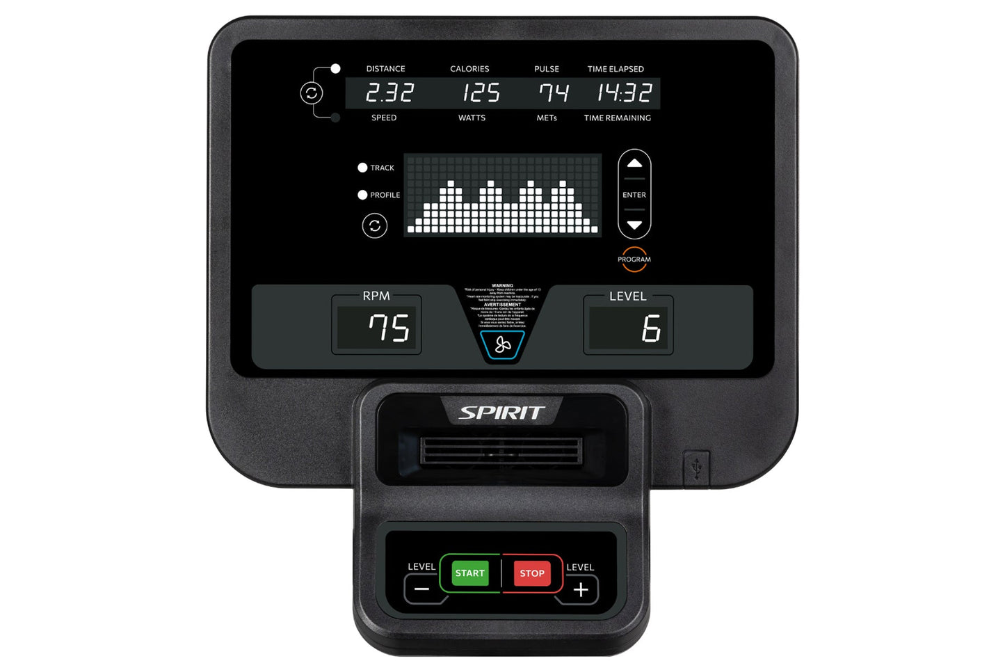 Spirit CE800 elliptical machine console with digital display showing distance, calories, pulse, speed, watts, and metrics, on
