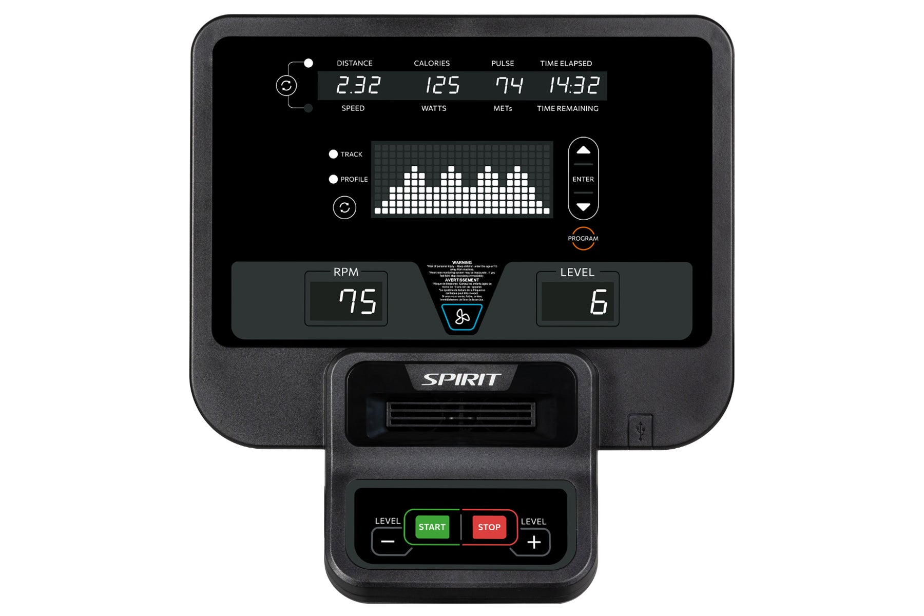 Spirit CE800 elliptical machine console with digital display showing distance, calories, pulse, speed, watts, and metrics, on