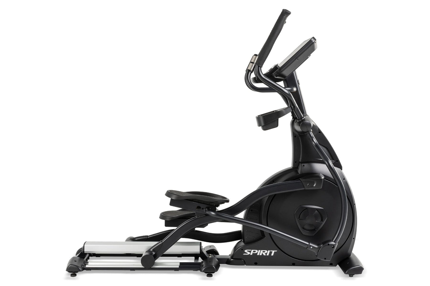 Black Spirit elliptical machine with dual handlebar grips, foot pedals, and display console on white background