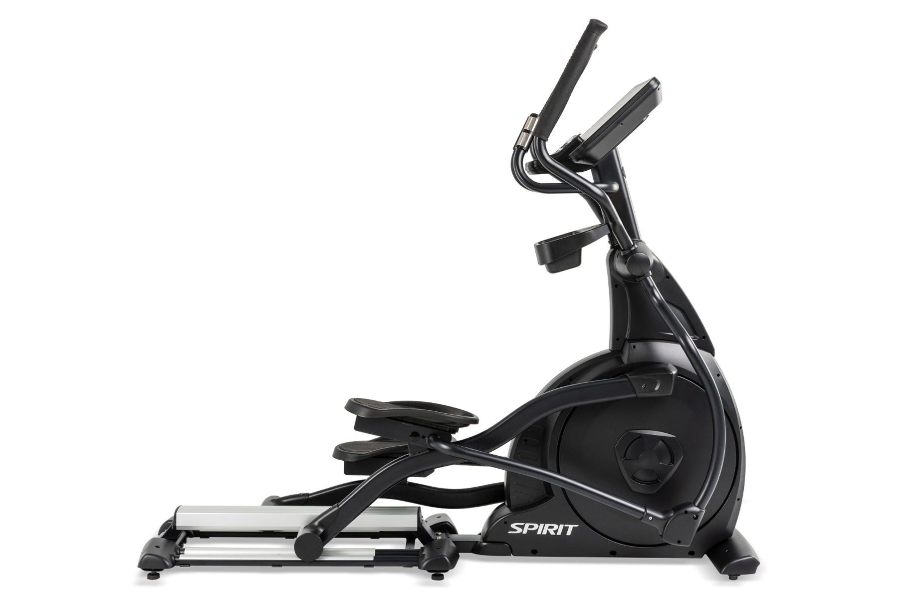 Black Spirit elliptical machine with dual handlebar grips, foot pedals, and display console on white background