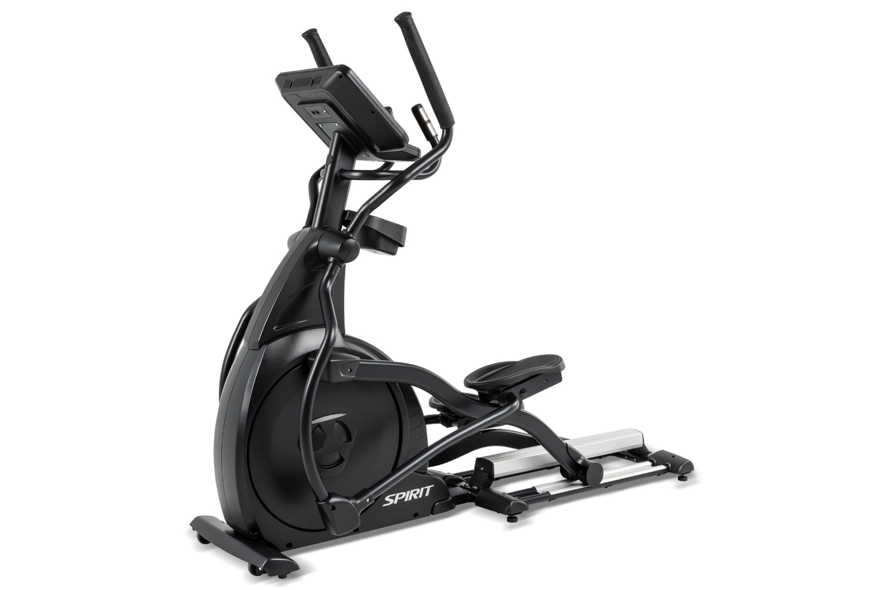 Black Spirit CE800 elliptical machine with digital display console, dual handles, and footpeds on white background