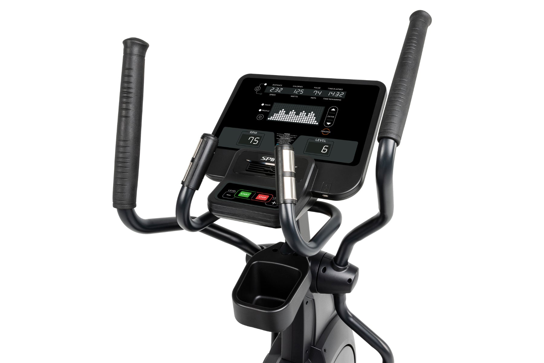 Black Spirit CE800 elliptical machine with digital display, dual handlebars with textured grips, and foot pedals on white bac