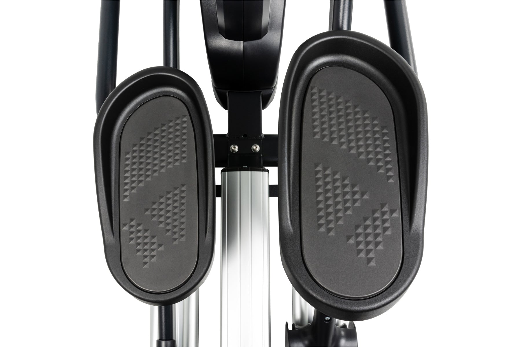Black and silver elliptical machine with textured oval foot pedals and adjustable arms, overhead view on white background