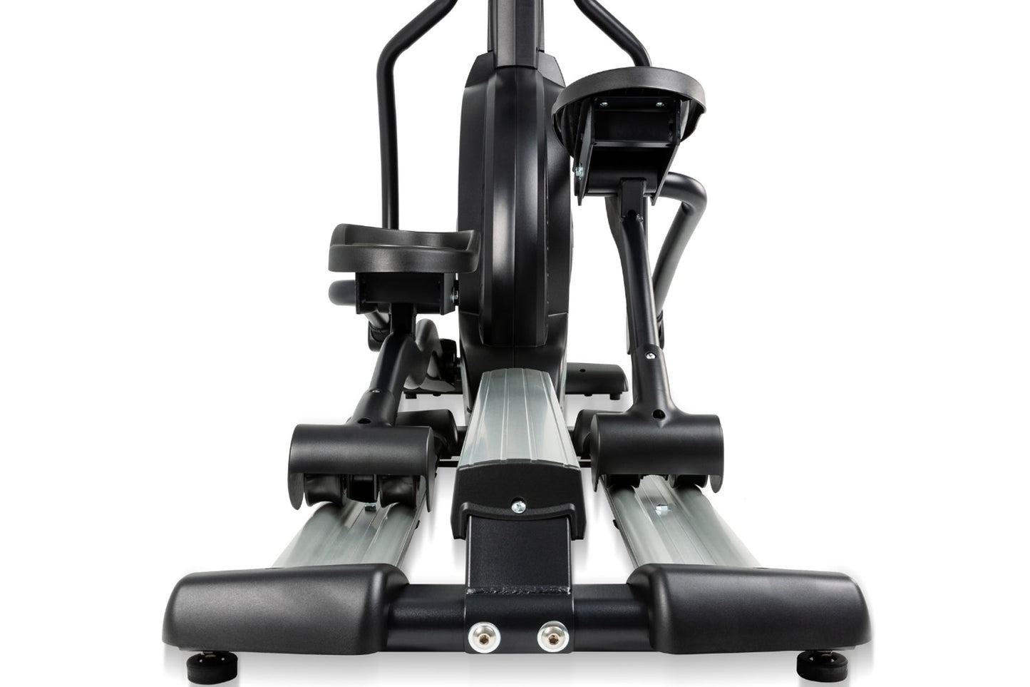 Black and gray elliptical machine with dual handles, foot pedals, and digital console on white background