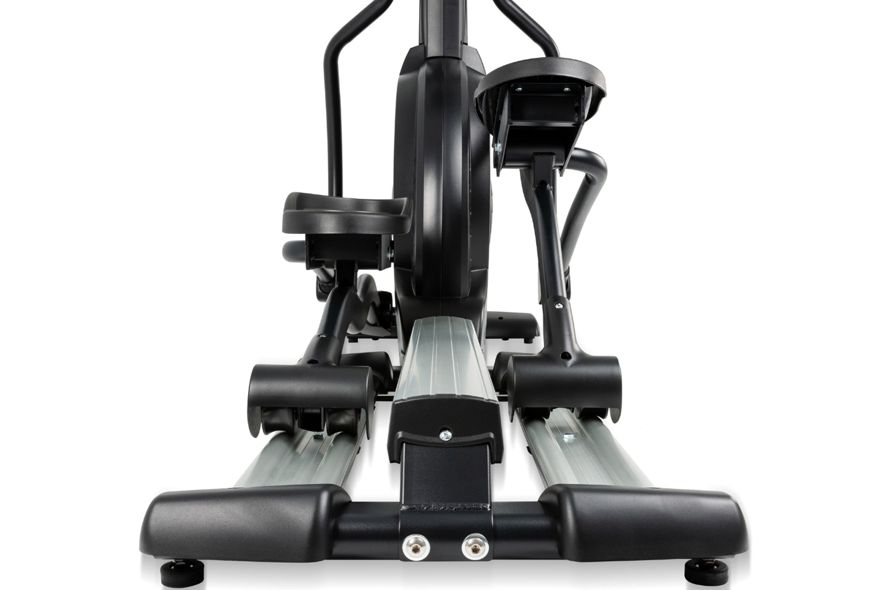 Black and gray elliptical machine with dual handles, foot pedals, and digital console on white background
