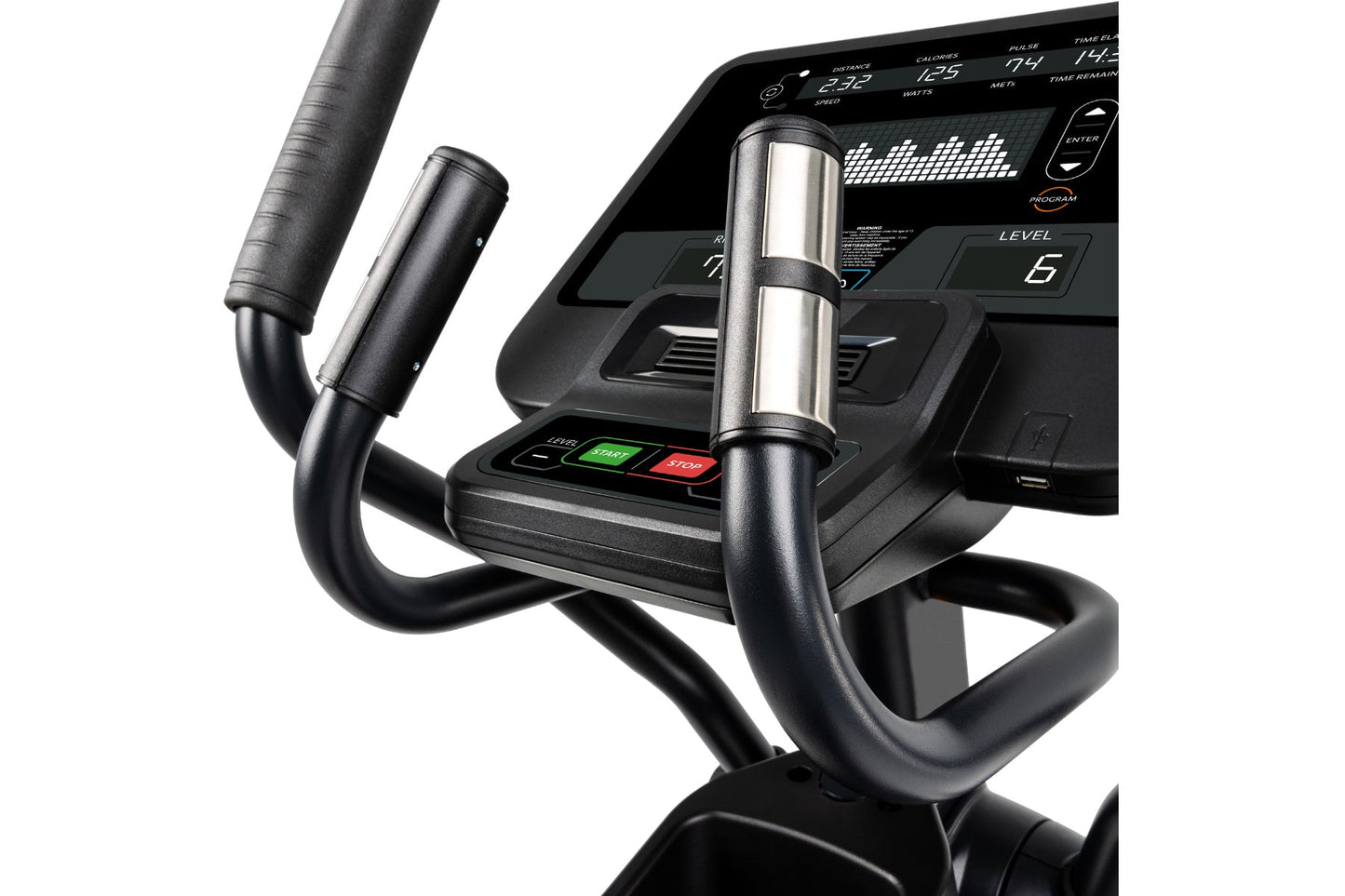 Black and silver elliptical machine with digital console displaying workout metrics, padded handles, and control buttons on w