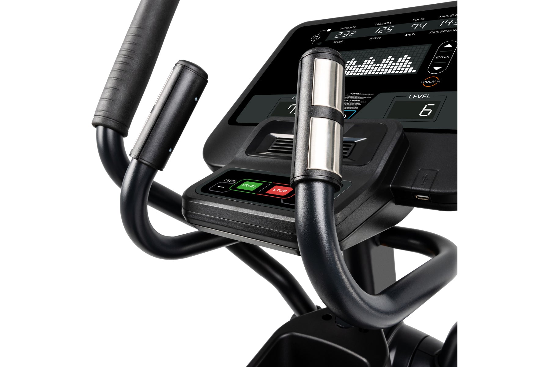 Black and silver elliptical machine with digital console displaying workout metrics, padded handles, and control buttons on w