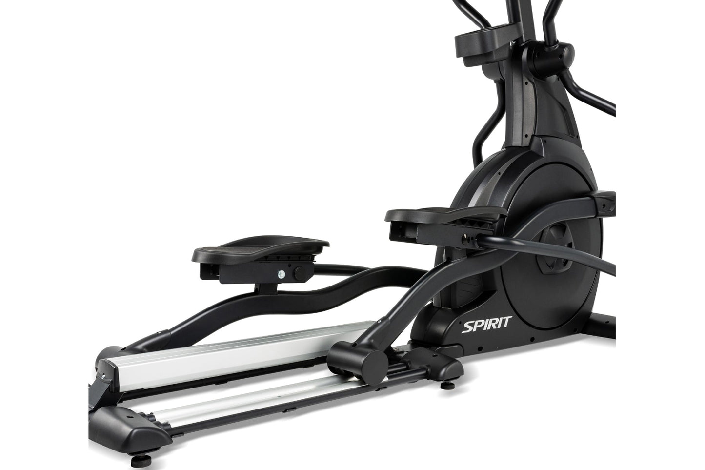 Spirit CE800 elliptical machine with black frame, silver accents, and pedal platform on white background