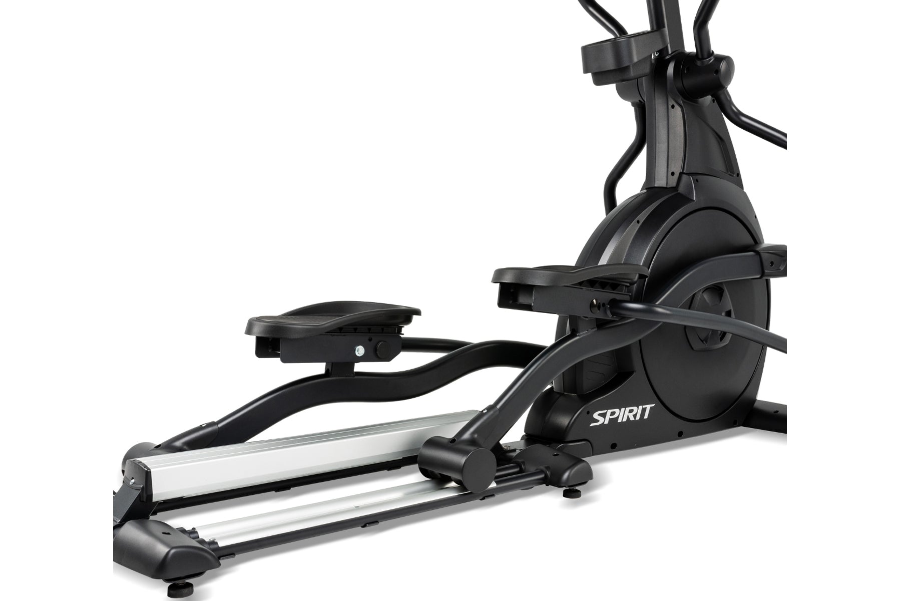 Spirit CE800 elliptical machine with black frame, silver accents, and pedal platform on white background