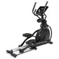 Black elliptical machine with digital console, dual handles, and silver foot pedals on white background