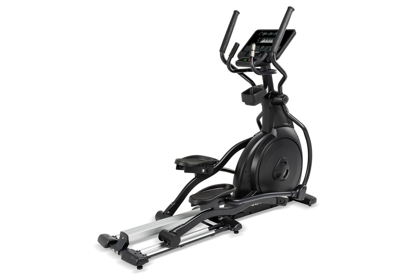 Black elliptical machine with digital console, dual handles, and silver foot pedals on white background