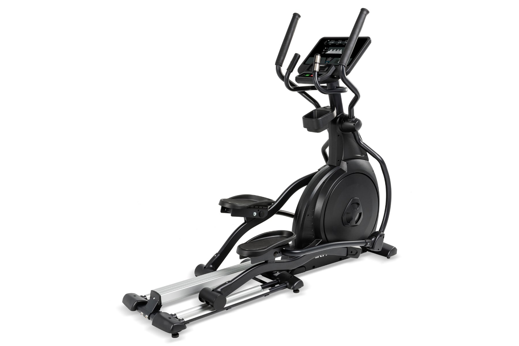 Black elliptical machine with digital console, dual handles, and silver foot pedals on white background