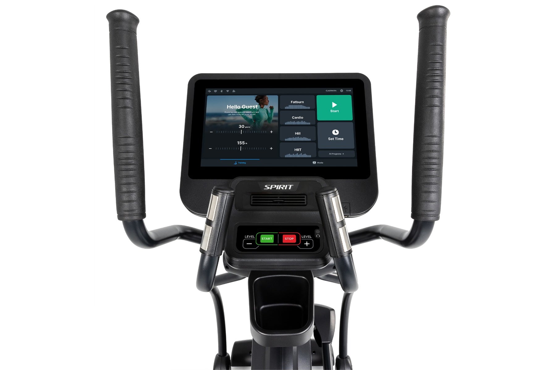 Spirit CE800ENT elliptical with black frame, dual handles with wrapped grips, digital touchscreen display showing workout met