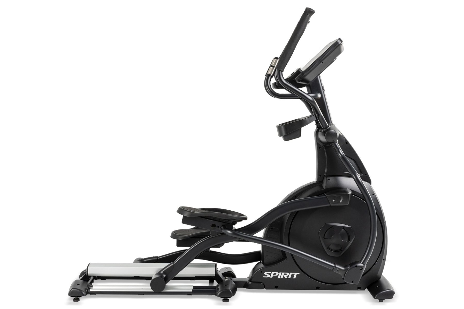 Spirit CE800ENT black elliptical machine with dual handlebar grips and foot pedals on white background