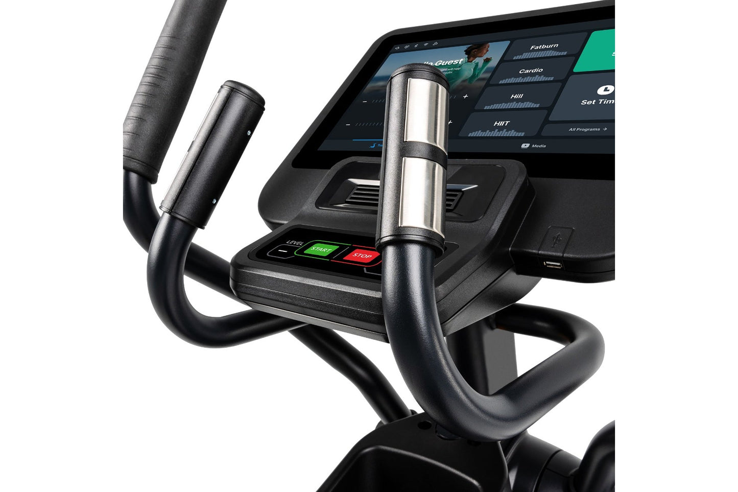 Black and silver elliptical machine with digital touchscreen display, handlebar controls, and stainless steel accents on whit