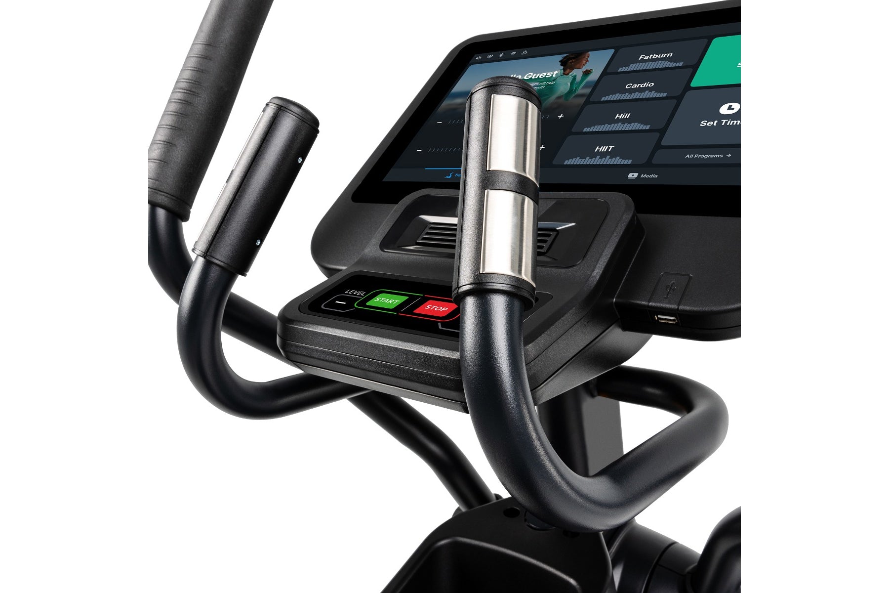 Black and silver elliptical machine with digital touchscreen display, handlebar controls, and stainless steel accents on whit