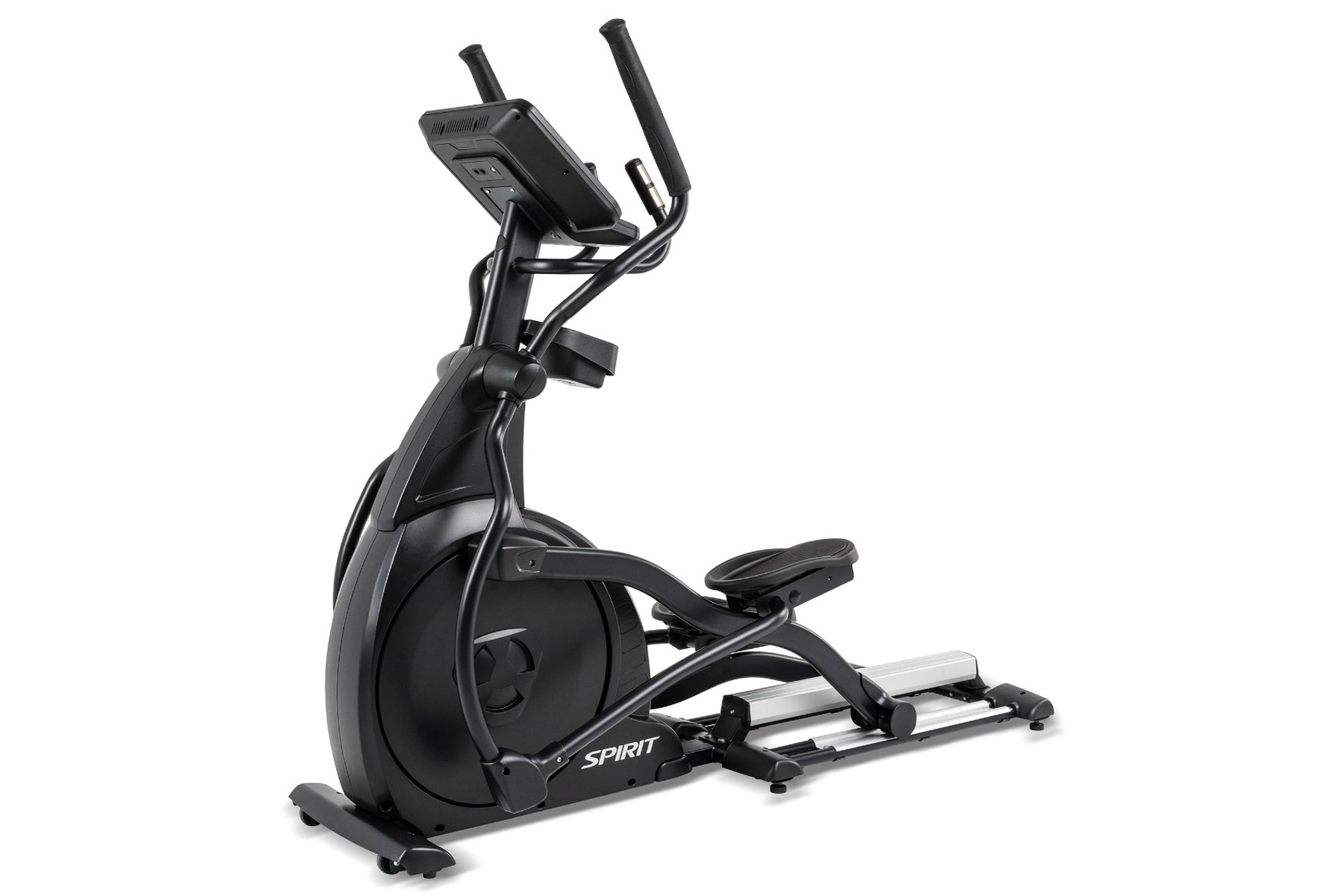 Black Spirit CE800ENT elliptical machine with dual handles, digital console, and extended footpads on white background