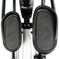 Black and silver elliptical machine with textured foot pedals and adjustable frame, front view on white background
