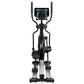 Black and silver elliptical machine with dual handles, digital display console, and foot pedals on white background