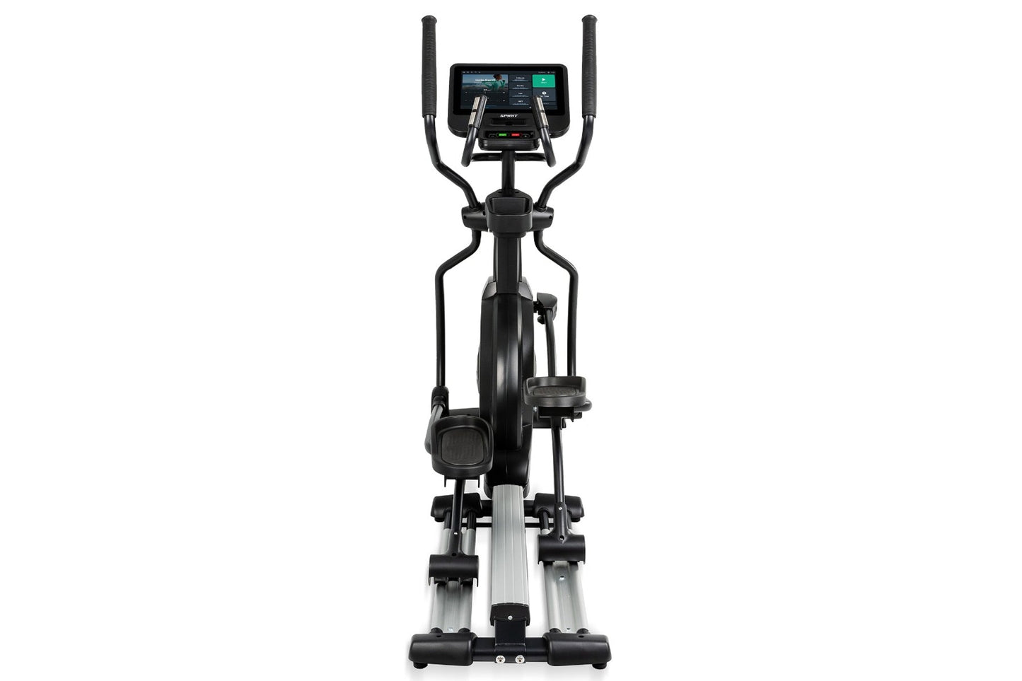 Black and silver elliptical machine with dual handles, digital display console, and foot pedals on white background