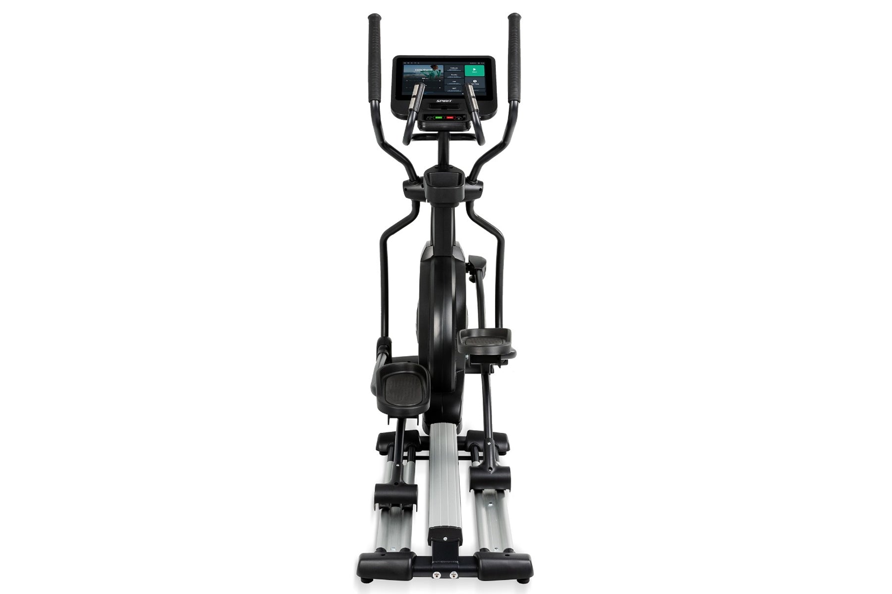 Black and silver elliptical machine with dual handles, digital display console, and foot pedals on white background