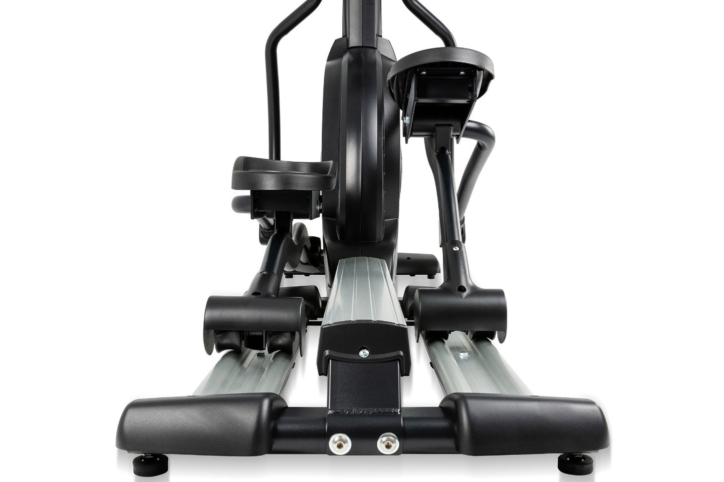 Black Spirit elliptical machine with dual handles, foot pedals, and digital display console on white background