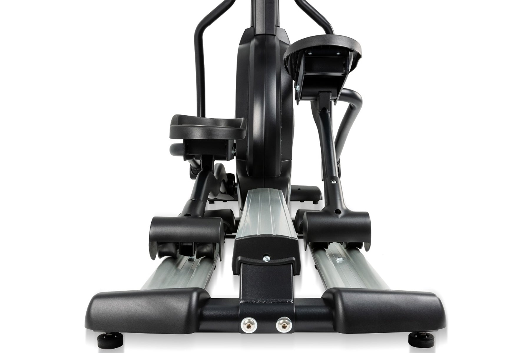 Black Spirit elliptical machine with dual handles, foot pedals, and digital display console on white background