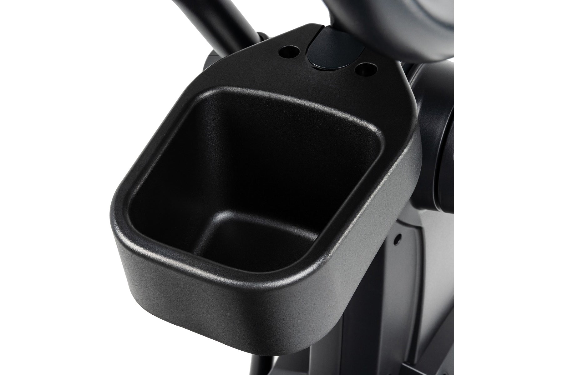 Black cup holder attachment mounted on elliptical machine handlebar