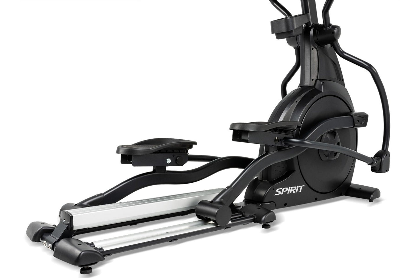 Spirit CE800ENT elliptical machine with black frame, silver rails, and adjustable foot pedals on white background
