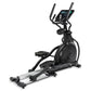 Black elliptical machine with digital console display, dual handles, and silver base frame on white background