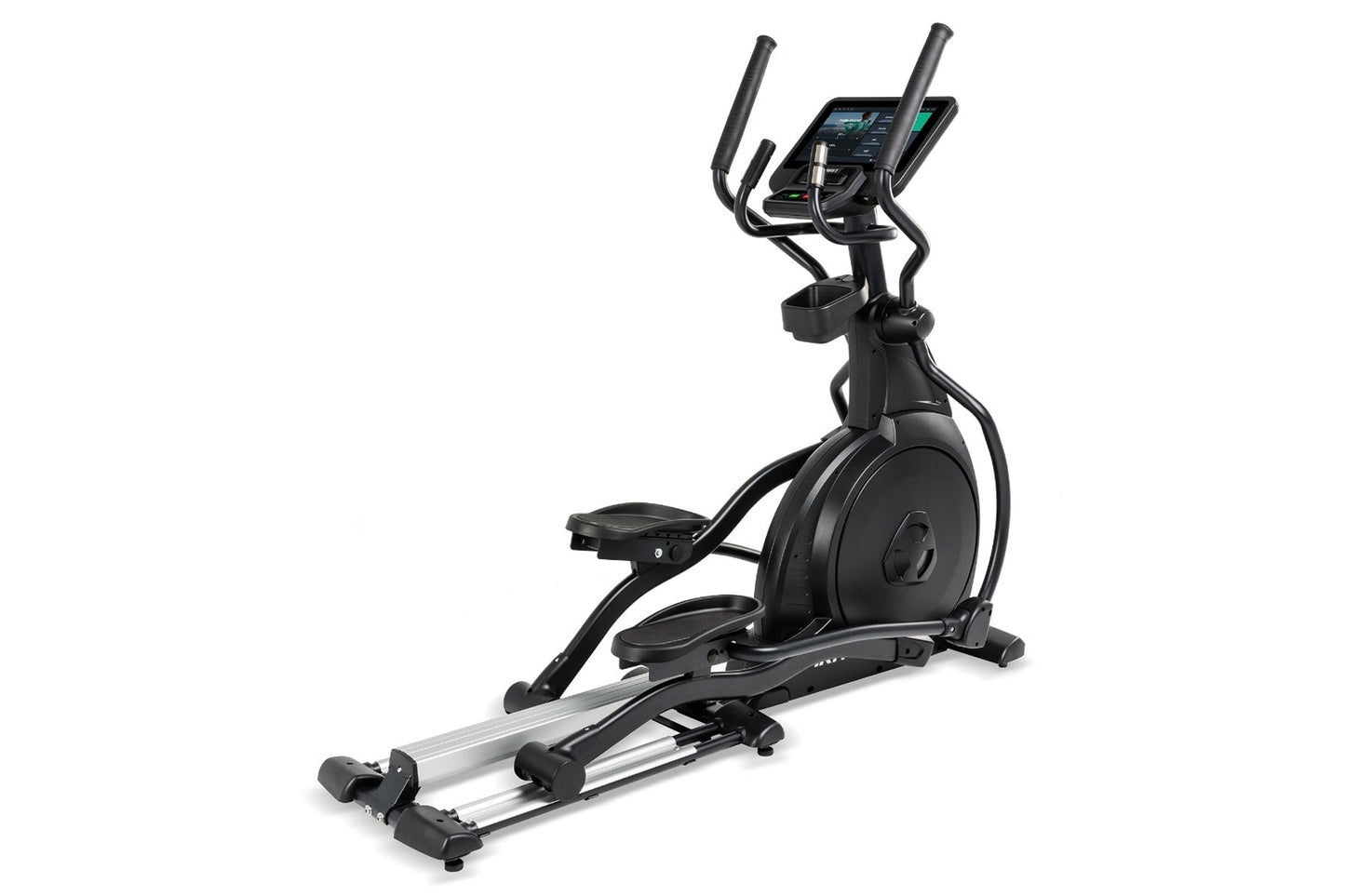 Black elliptical machine with digital console display, dual handles, and silver base frame on white background