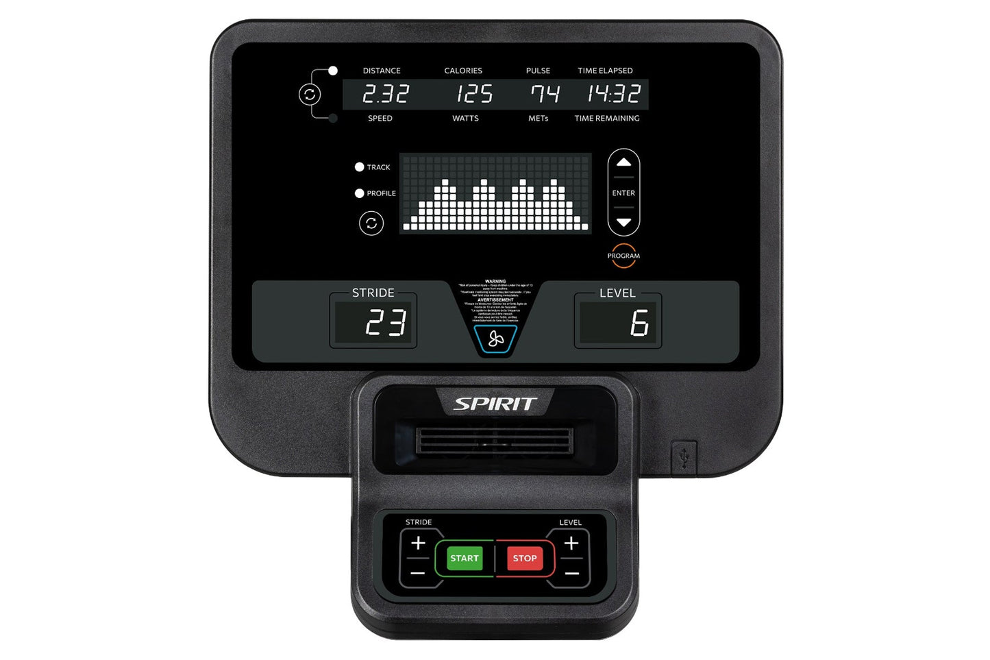 Spirit CE850 elliptical console display showing fitness metrics including distance, calories, pulse, and time elapsed on blac