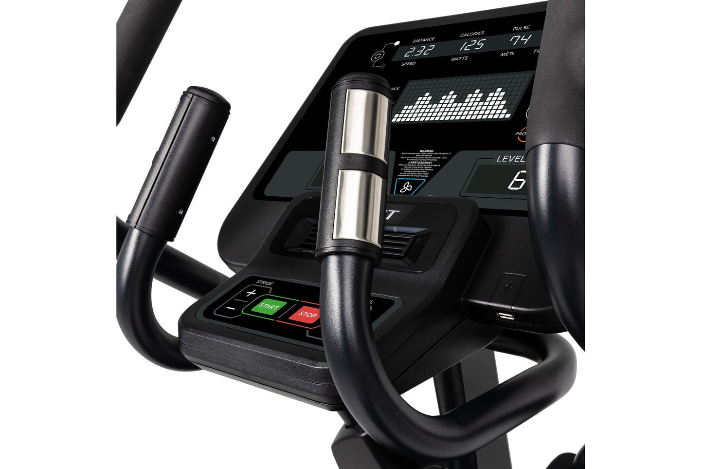 Spirit CE850 elliptical machine with black frame, digital display console showing fitness metrics, and stainless steel handle