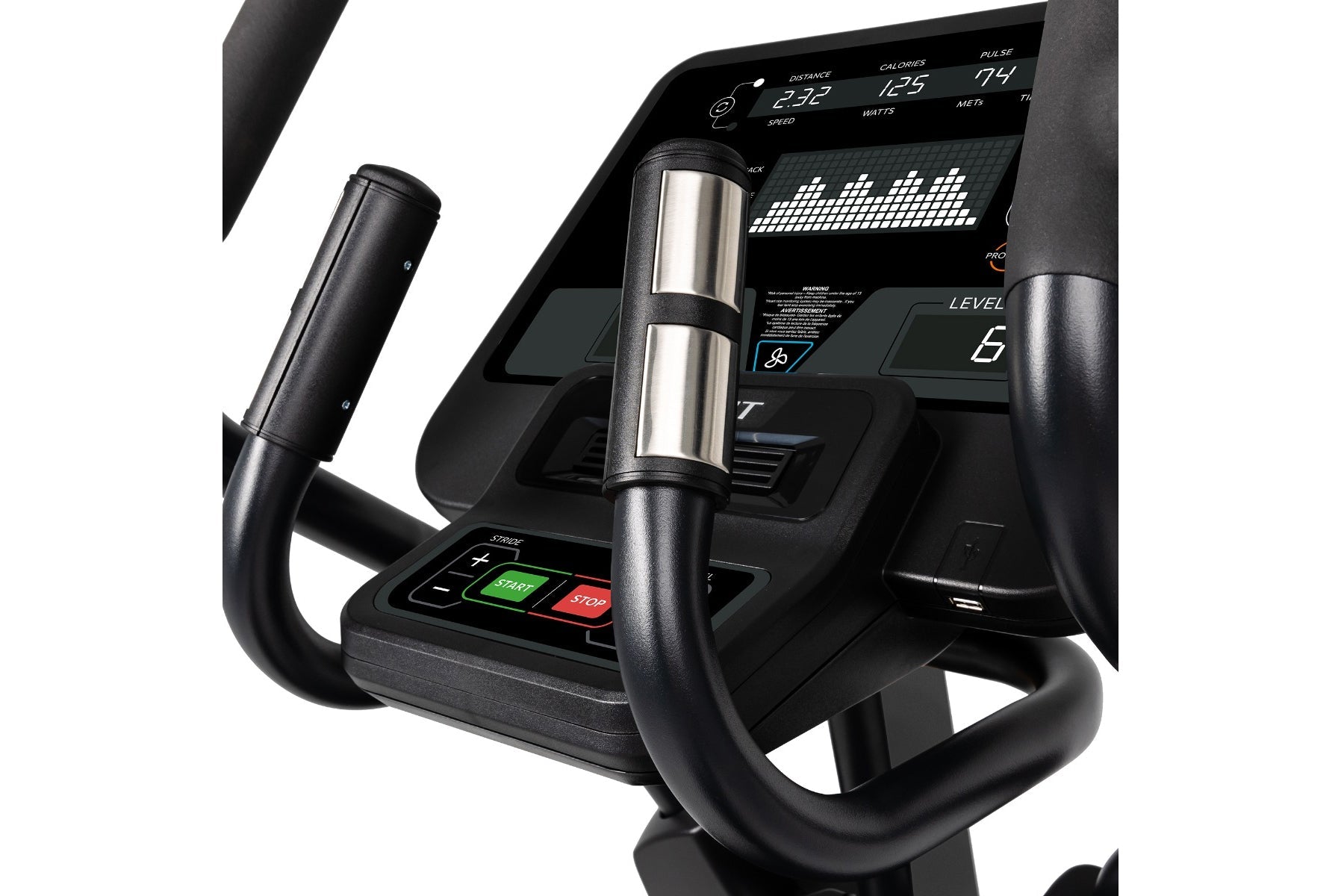 Spirit CE850 elliptical machine with black frame, digital display console showing fitness metrics, and stainless steel handle