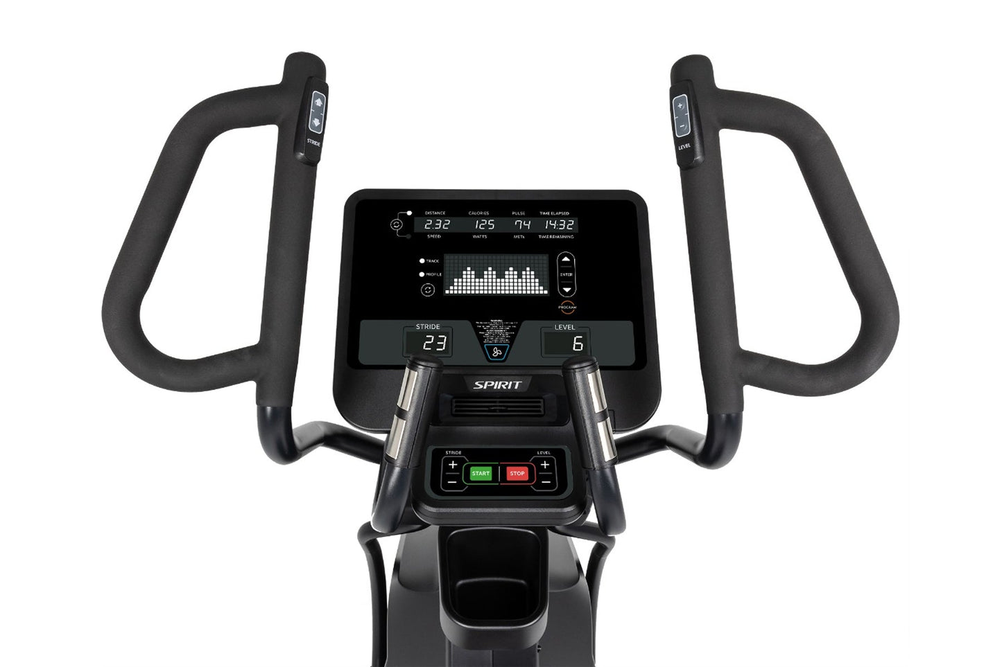 Spirit CE850 stationary elliptical with black frame, padded handles, digital console displaying fitness metrics, and green st