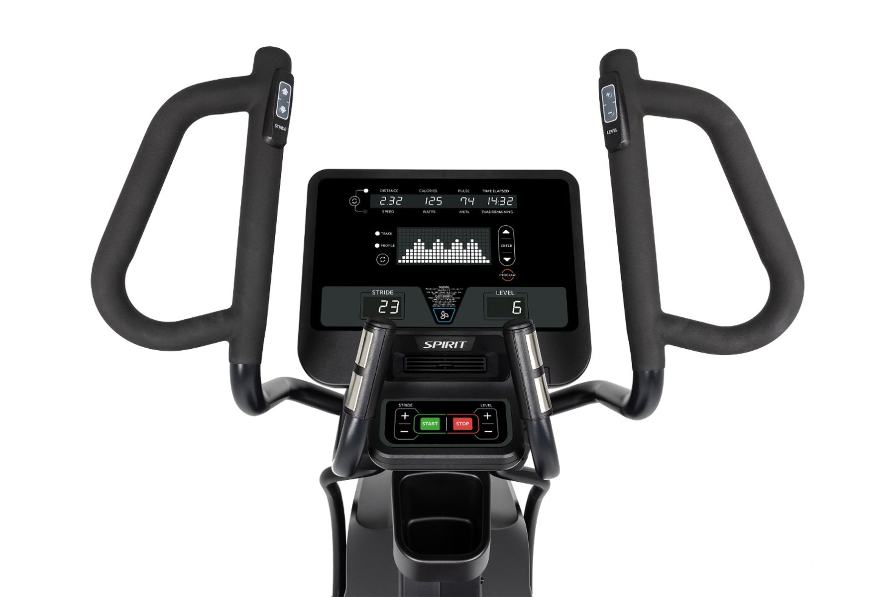 Spirit CE850 stationary elliptical with black frame, padded handles, digital console displaying fitness metrics, and green st
